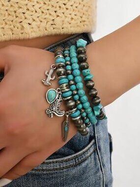 4 Turquoise Western Bracelets Vintage Stackable Beaded Country Concerts
